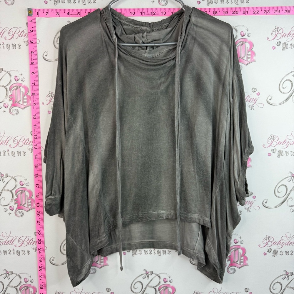 Baba shirt flowy tie dye Washed Grey Draped Women's Blouse with Tie Neck hooded